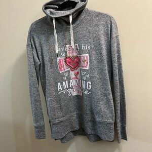 Gray Pullover High cowl neck with Pink Cross Graphic Large Pink Cross XS